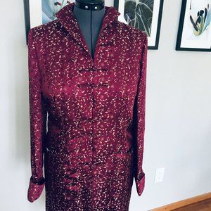 Brocade duster coat with frog closure,